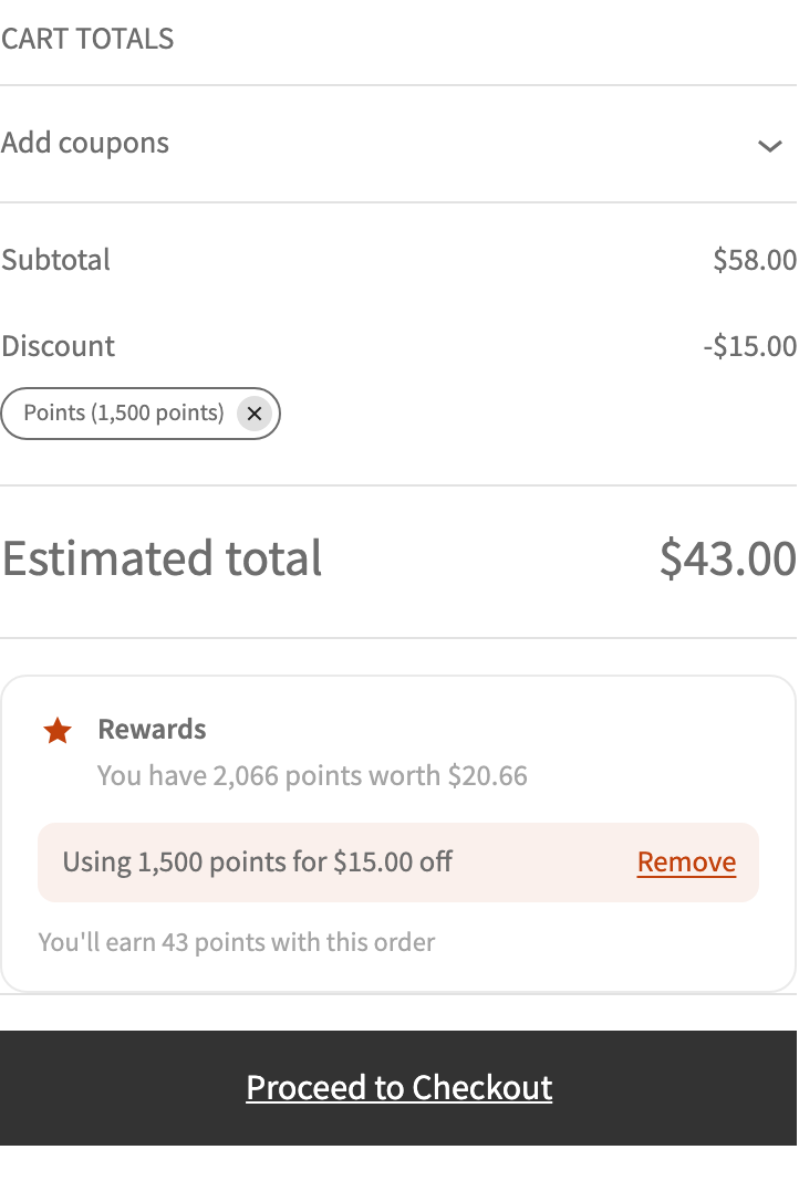 Cart block totals: a customer uses 1,500 points for $15 off and will earn 43 points