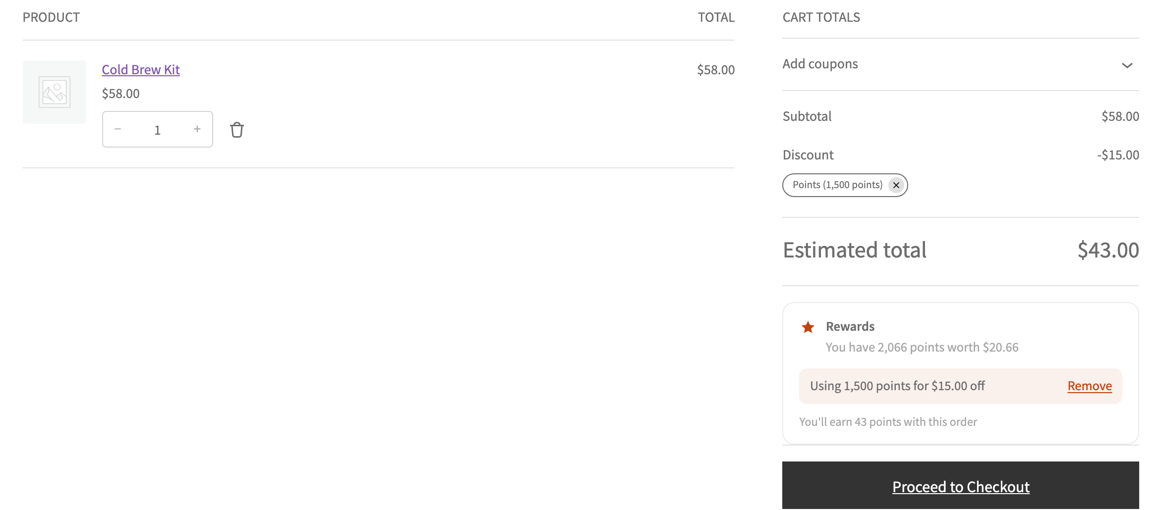 Cart block showing the applied points discount and the points the order will earn