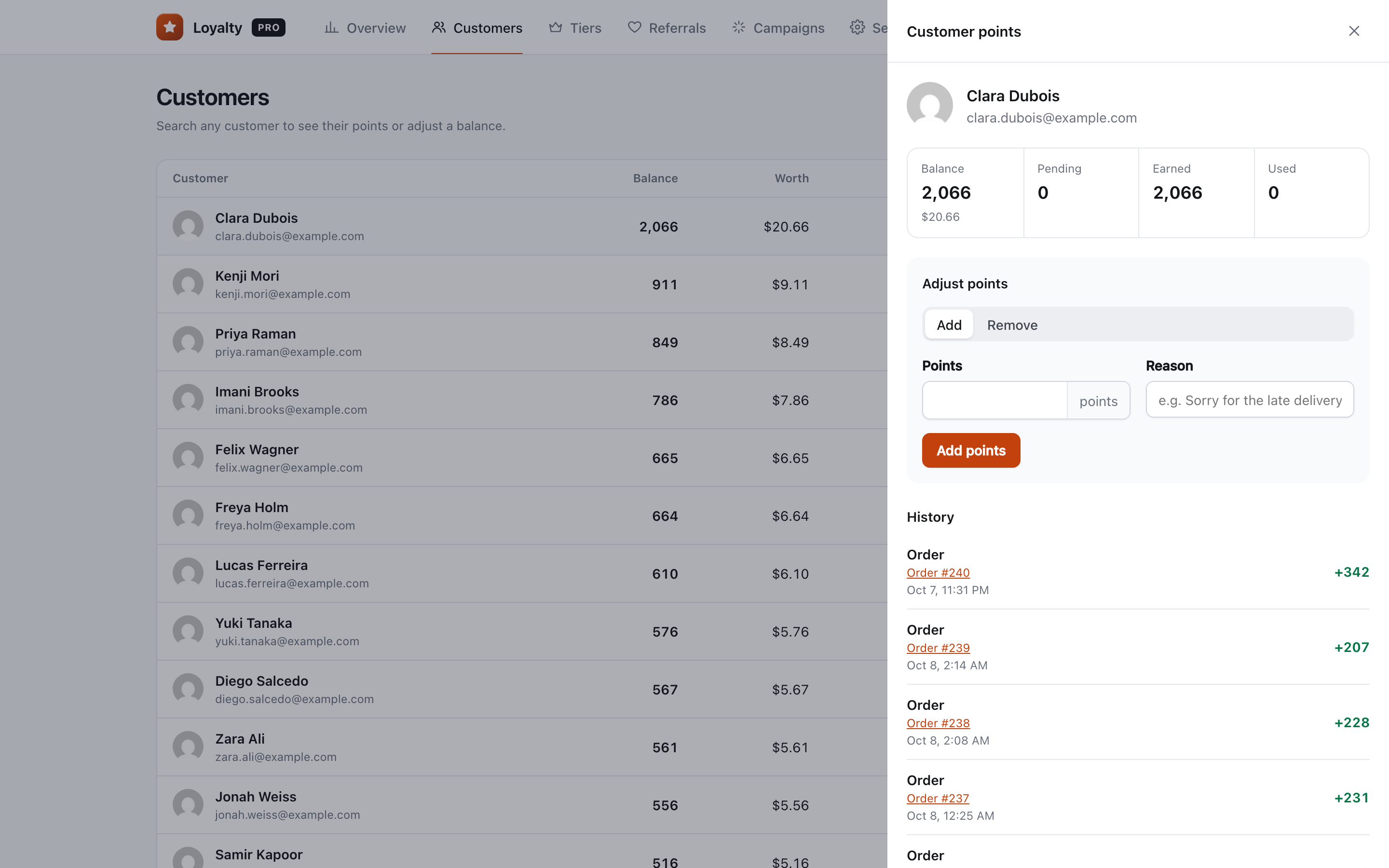 A customer in Wren Loyalty showing balance, points earned and used, and history