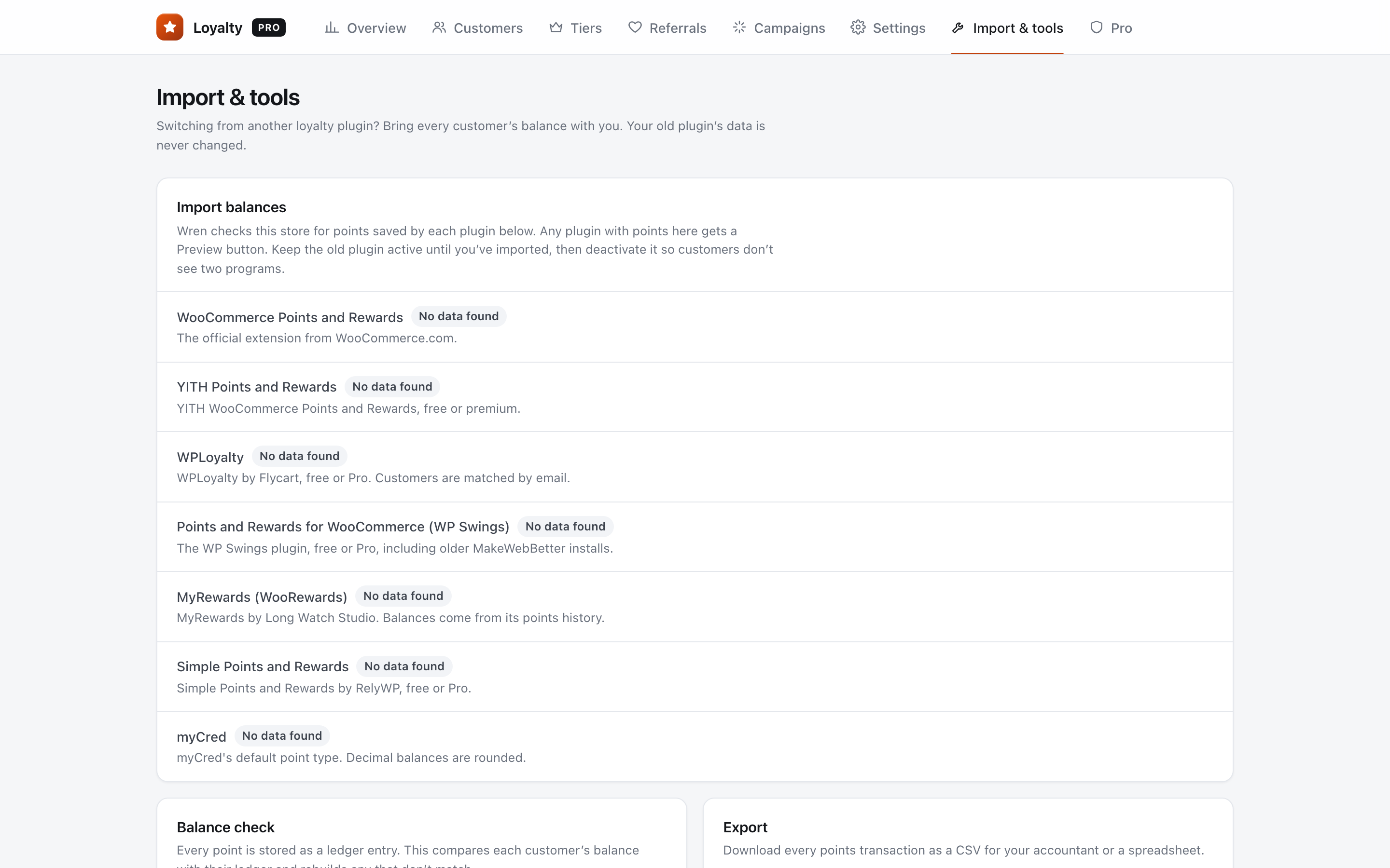 Import screen listing other loyalty plugins with a preview of customers and points found